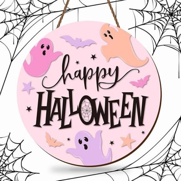 Halloween Ghost Wooden Hanging Sign Pink Spooky Welcome Sign Ghost Bat Door - Picture 8 of 8